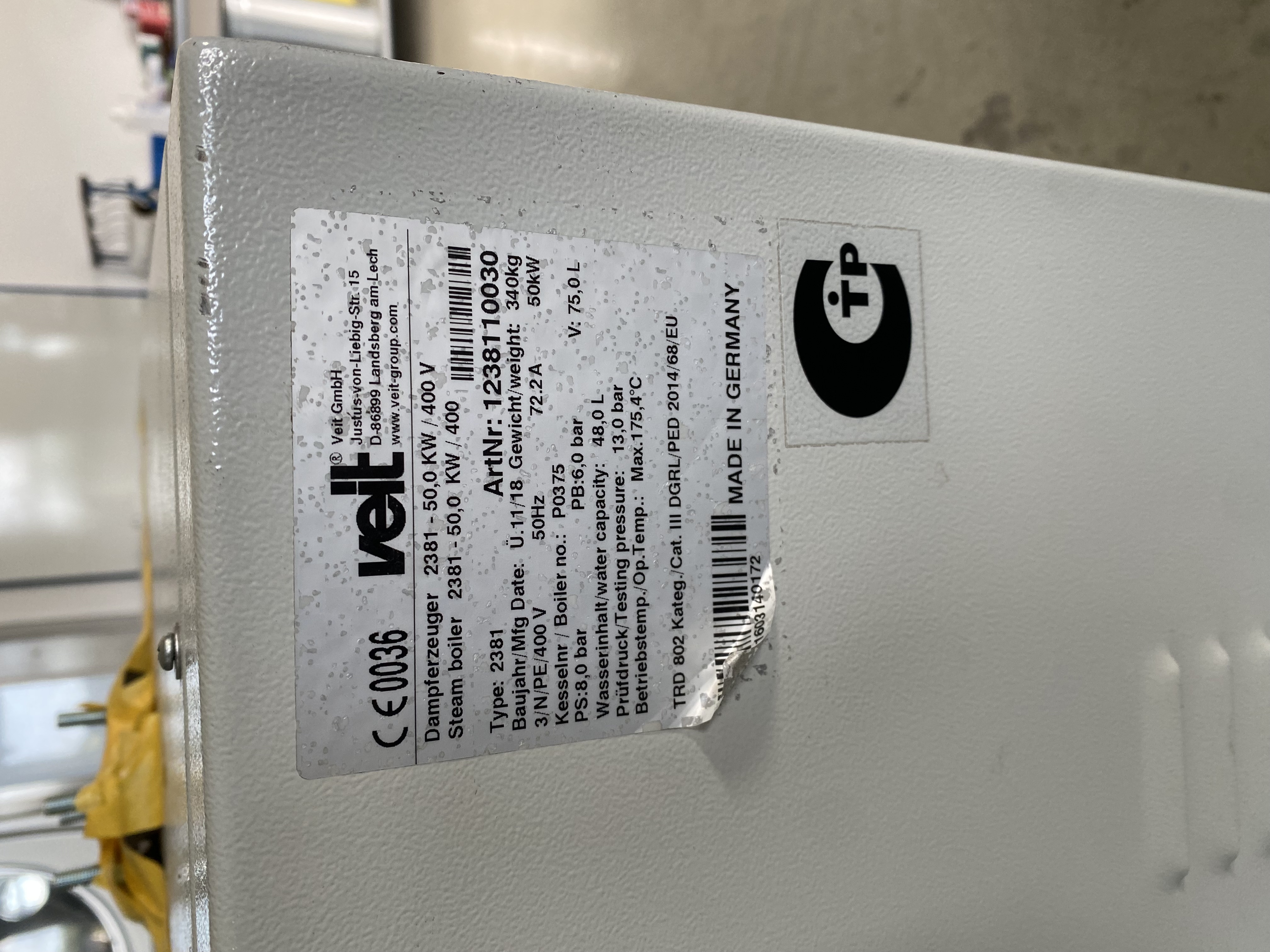 Veit 2381 Hochdruck-Dampferzeuger, 50 kW, 400 V, ca. 65 kg Dampf/h, gebraucht